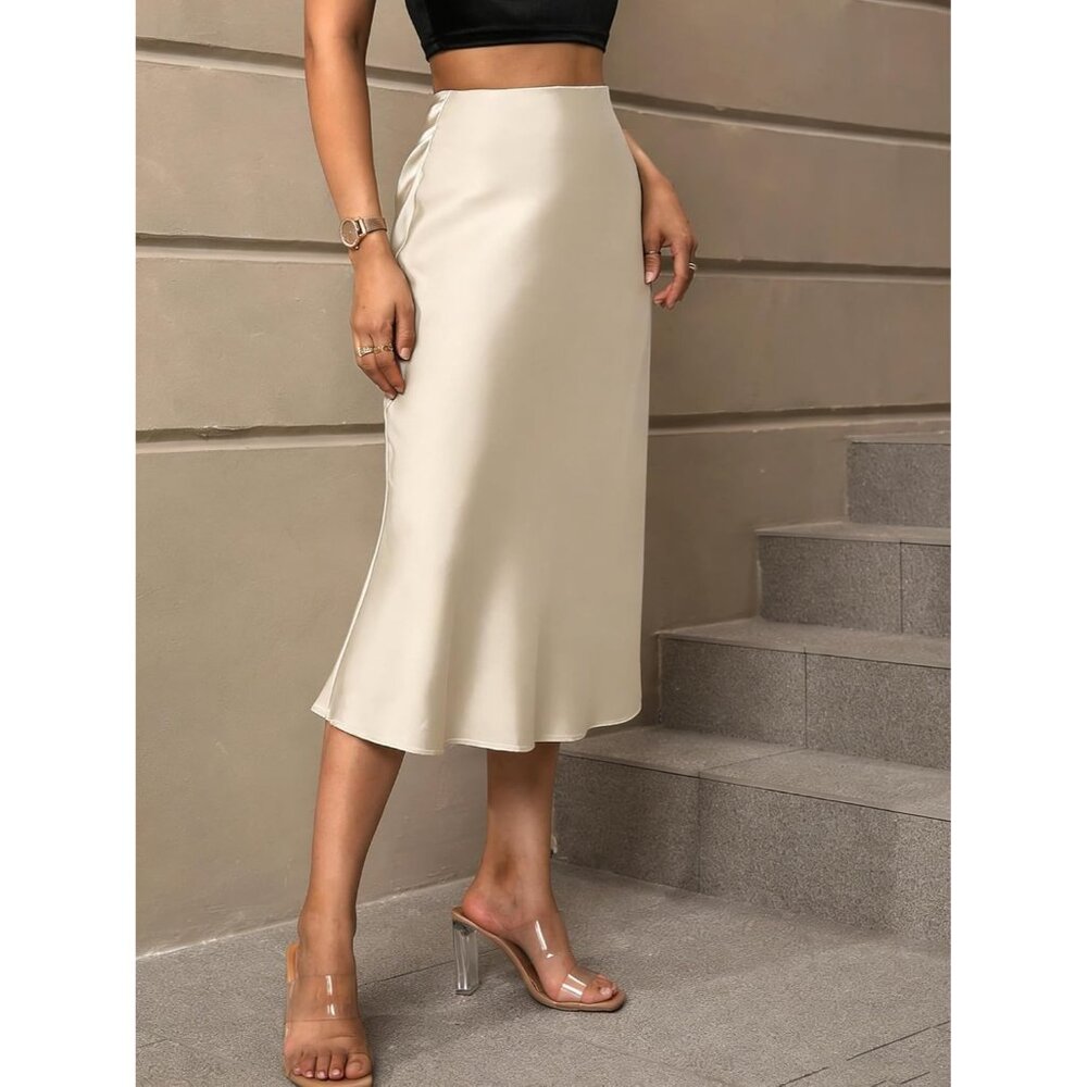 Women's Beige Satin Elegant Fishtail Silk A Line Casual luxurious Midi Skirt - Picture 6 of 6